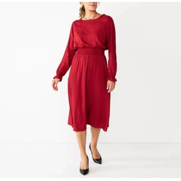 Croft & Barrow Red Midi Dress XL Empire Waist Long Sleeve Peasant Prarie Smocked - Picture 1 of 9